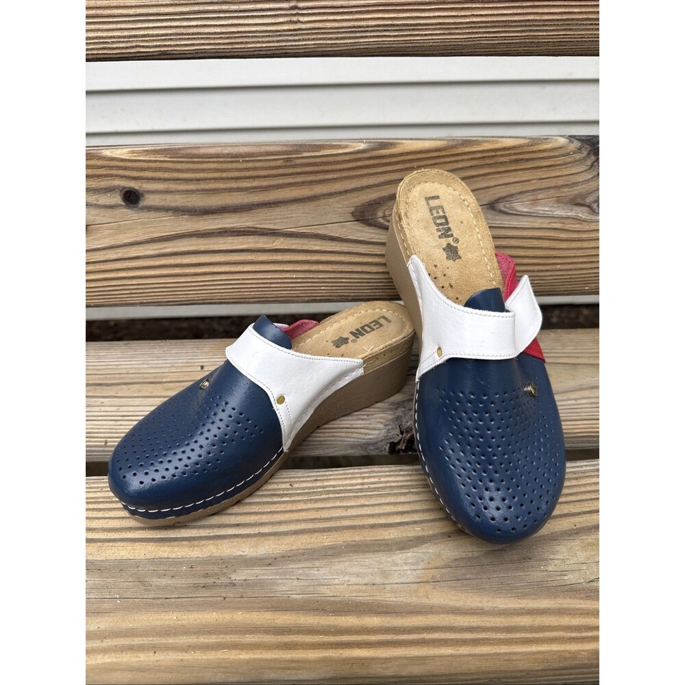 LEON Anatomic Leather Comfort Clogs EU 40 US 9 Slip On Wedge Red White Blue